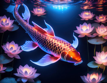 A colorful carp glides beneath glowing lotus flowers, celebrating Lunar New Year traditions.の素材