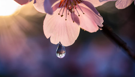Morning sunlight dances on translucent petals, highlighting droplet of dew.の素材