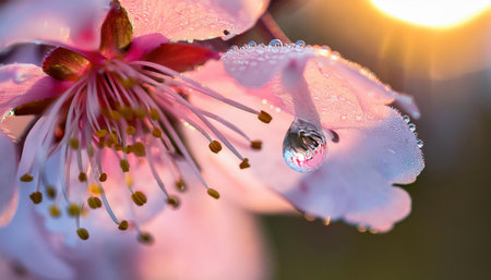 Delicate cherry blossom adorned with drops of dew glow beautifully in the soft spring sunlight.の素材