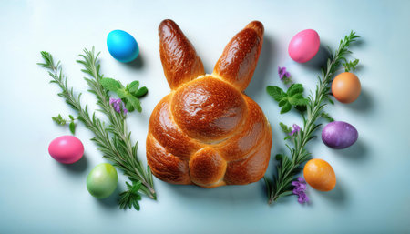 A bunny-shaped bread with vibrant eggs and fresh herbs on a soft surface.の素材