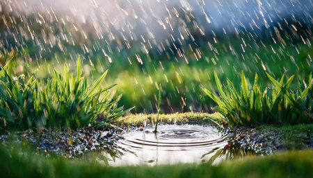 Gentle rain showers nourish fresh green grass and enhance the beauty of springtime.の素材