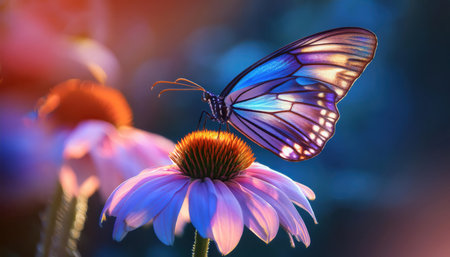 Delicate butterfly rests on a colorful blossom while spring unfolds its beauty around.の素材