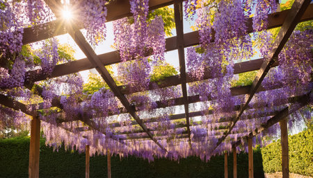 Delicate wisteria flowers create a beautiful canopy, illuminated by soft sunlight in spring.の素材