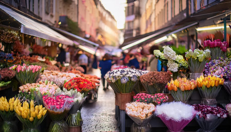 Spring blooms fill the air with color as blurred people enjoy the lively flower market at sunset.の素材
