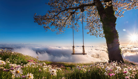 A swing hangs from a blooming tree, surrounded by colorful flowers, basking in morning light.の素材