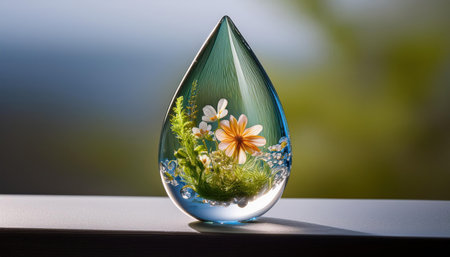Delicate blossoms and lush greenery are beautifully encased in a shimmering glass droplet.の素材