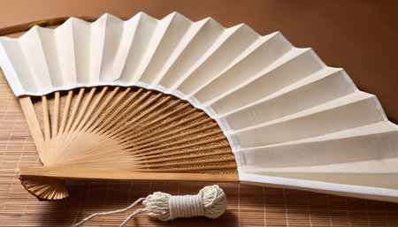 Delicate spring fan lays gracefully on a soft mat as vibrant colors bloom around.の素材