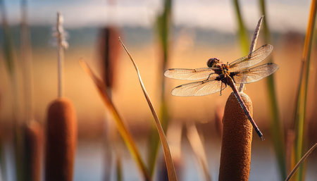 A delicate dragonfly perches quietly on cattails as spring awakens the landscape.の素材