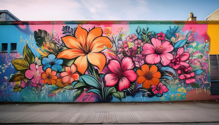 Colorful flowers bloom in a stunning mural, bringing vibrant life and springtime cheer to the city.の素材