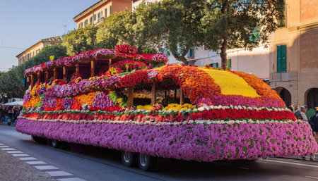 Colorful flowers adorn a grand float as it glides through the lively parade this springtime.の素材