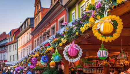 Spring brings vibrant decorations and lively colors to the market, celebrating the season.の素材