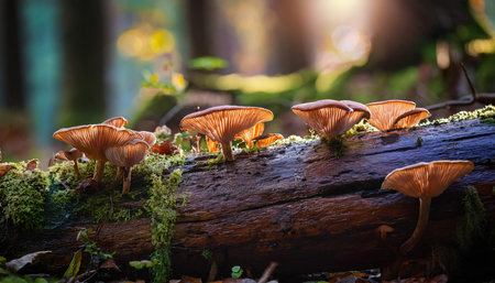 Golden mushrooms sprout from a mossy log as soft light filters through the trees in spring.の素材