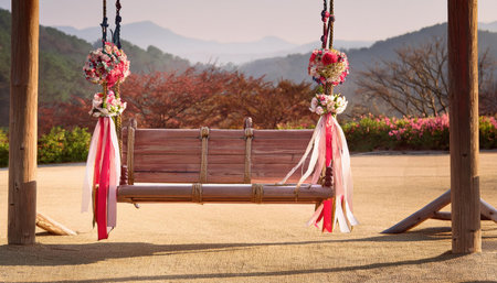 A floral swing sways gently in the warm spring breeze, highlighting the seasons charm.の素材