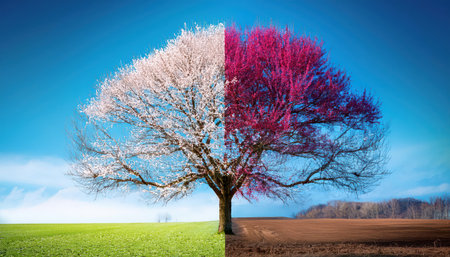 A tree highlights seasonal contrast: blossoms on one side, bare branches on the other.の素材