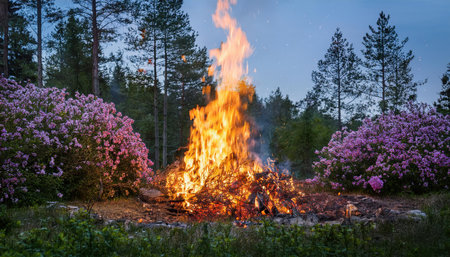 Bright flames dance in a bonfire as vibrant flowers bloom in the tranquil spring evening.の素材