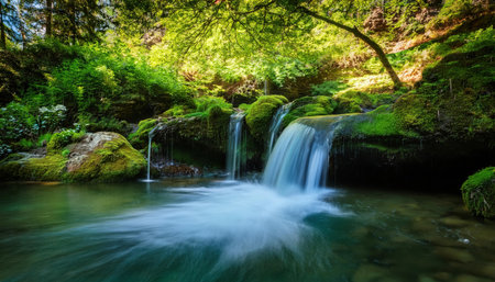 Gentle waterfalls flow over moss-covered rocks, surrounded by lush greenery during springtime.の素材