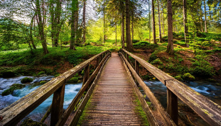A tranquil wooden bridge spans a bubbling stream in a vibrant forest, alive with spring colors.の素材