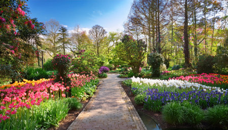 A winding pathway surrounded by blooming flowers invites visitors to explore the beauty of spring.の素材