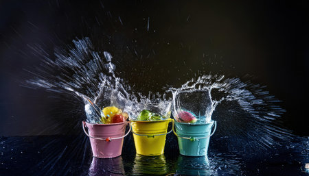 Colorful buckets filled with fresh fruits create joyful splashes in bright spring light.の素材