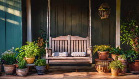 A cozy swing invites relaxation amid colorful pots of flourishing plants in spring.の素材