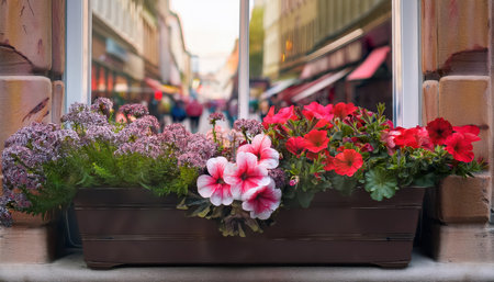 Colorful blossoms spill over a window box, welcoming warmth and joy in the spring season.の素材