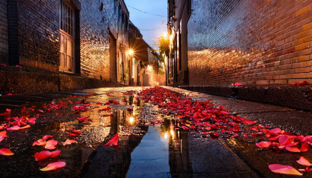 Petals cover the cobblestone alley, reflecting city lights in springs gentle evening rain.の素材