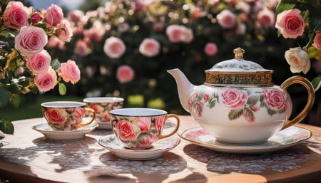 Delicate tea set arranged next to vibrant blooming roses, capturing the essence of springtime.の素材