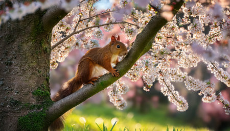 A curious squirrel explores a branch surrounded by vibrant cherry blossoms in springtime.の素材