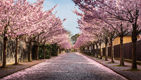 Cherry blossoms create a stunning pink canopy above a serene cobblestone path, inviting calm.の素材
