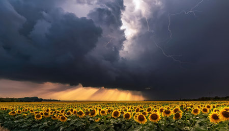 Vibrant sunflowers stretch across a field as dark clouds loom above during springtime storms.の素材