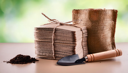 Bundles of seed packets and gardening tools showcase springtime planting activities.の素材