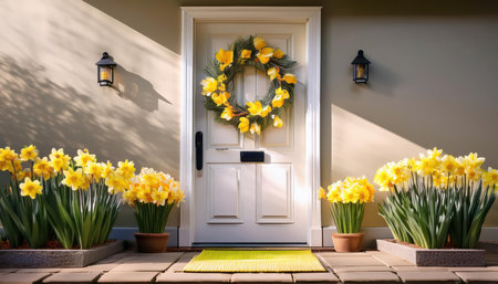Vibrant daffodils frame a charming door, creating a cheerful spring ambiance under sunny skies.の素材