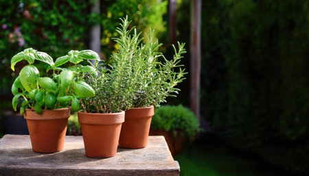 Fresh herbs flourish in clay pots, basking in the warm sun of a vibrant spring day.の素材