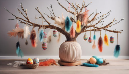 A colorful spring scene shows a bare tree with hanging eggs and feathers, symbolizing joy.の素材