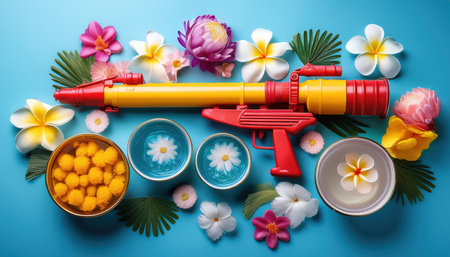 Bright colors of springtime come alive with a playful water gun surrounded by beautiful flowers.の素材