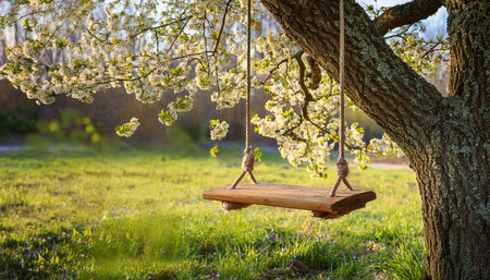 A wooden swing hangs from a blossoming tree, inviting playful moments in springtime.の素材
