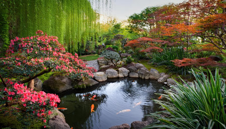 Beautiful flowers bloom around a calm pond filled with colorful koi fish, inviting peace.の素材
