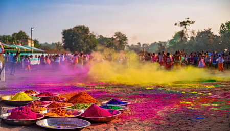 People joyfully participate in a colorful spring festival, marking the seasons arrival.の素材