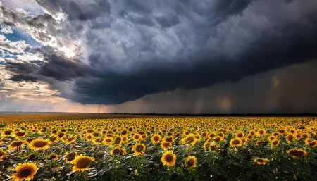 Golden sunflowers fill the field as dark clouds roll in, hinting at an approaching spring storm.の素材
