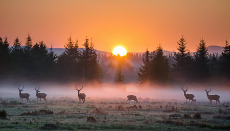 Deer wander through a foggy meadow as the sun rises, casting a warm glow on the landscape.の素材