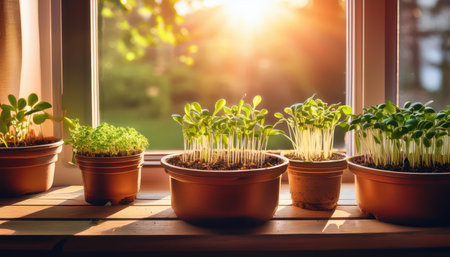 Seedlings thrive in pots, soaking up warm spring sunlight by the window as nature awakens.の素材