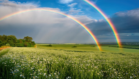 Vivid double rainbow spans across a lush green field blanketed with wildflowers during springtime.の素材