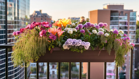Colorful blossoms fill a balcony planter, showcasing springs beauty against a city backdrop.の素材