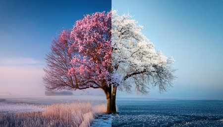 Vibrant spring blossoms and frosty winter trees coexist in a stunning landscape, showcasing change.の素材