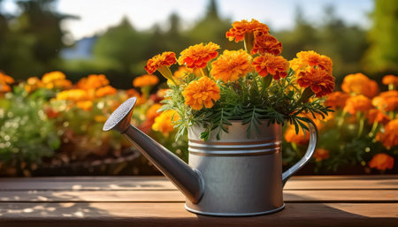 Bright marigold flowers thrive in a silver watering can, exuding springtime charm in a garden.の素材