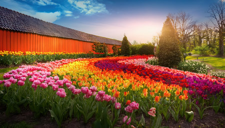 Colors burst to life as tulips bloom under the warm spring sun, painting a stunning landscape.の素材
