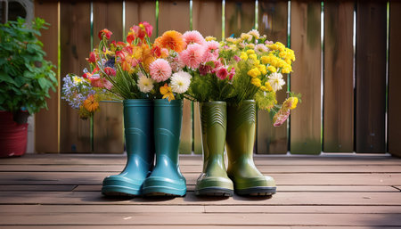 Vibrant boots filled with colorful flowers bring joy to a sunny spring day on the deck.の素材