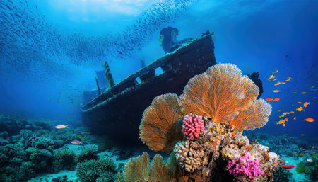 Beneath the surface, colorful coral thrives around an old shipwreck teeming with life.の素材