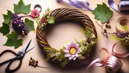 Crafting a stunning wreath using colorful blooms and natural materials in a cozy workspace.の素材