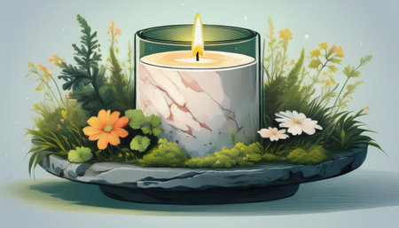 A colorful arrangement of spring flowers surrounds a glowing candle, evoking a vibrant season.の素材